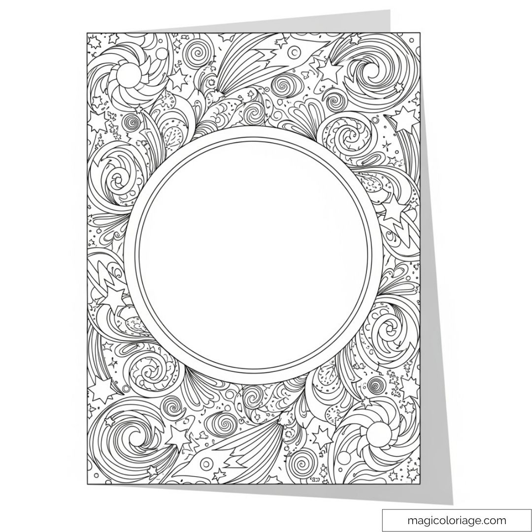 Carte à colorier avec motifs d'étoiles et vortex galactiques