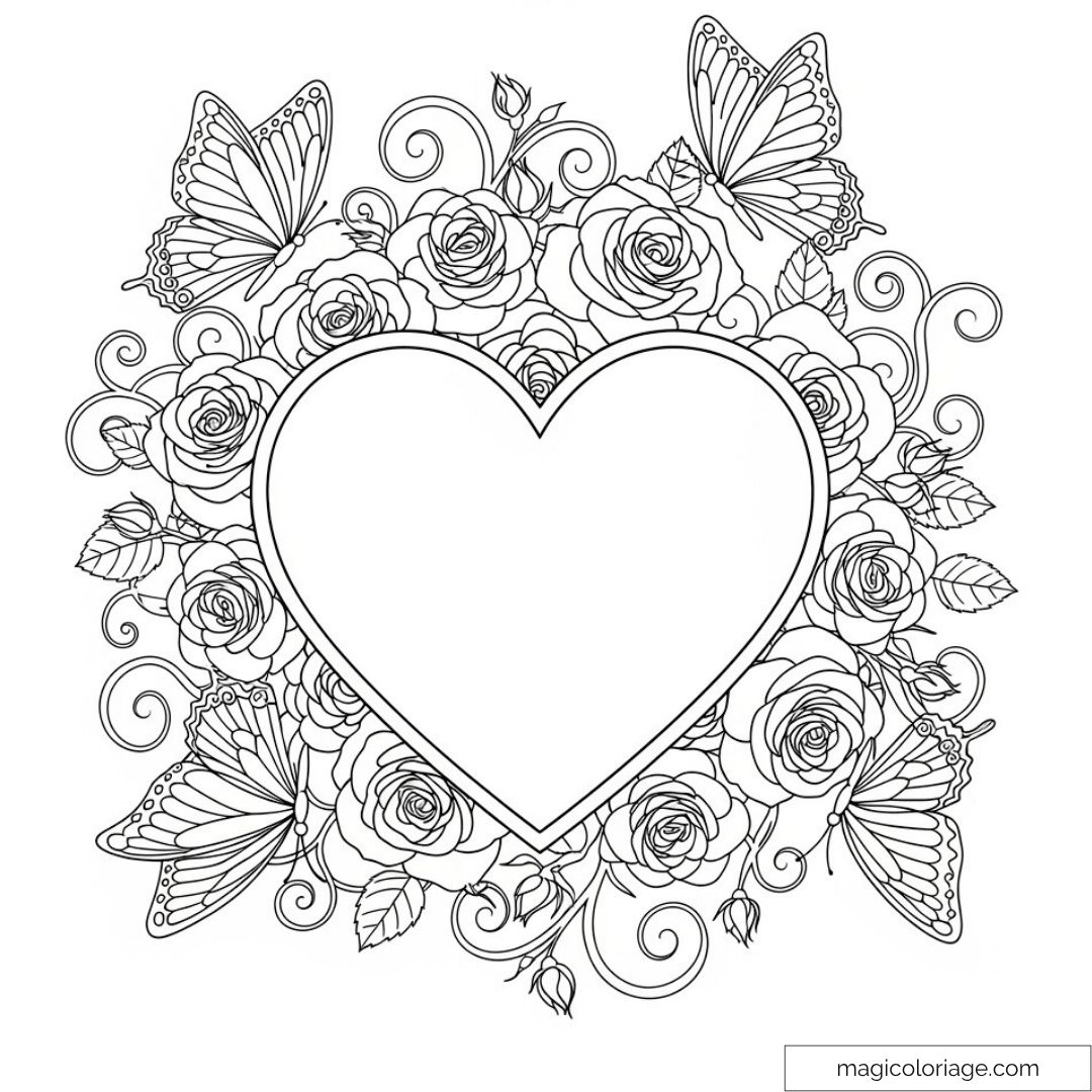 Cœur entouré de roses et papillons à colorier pour détente.