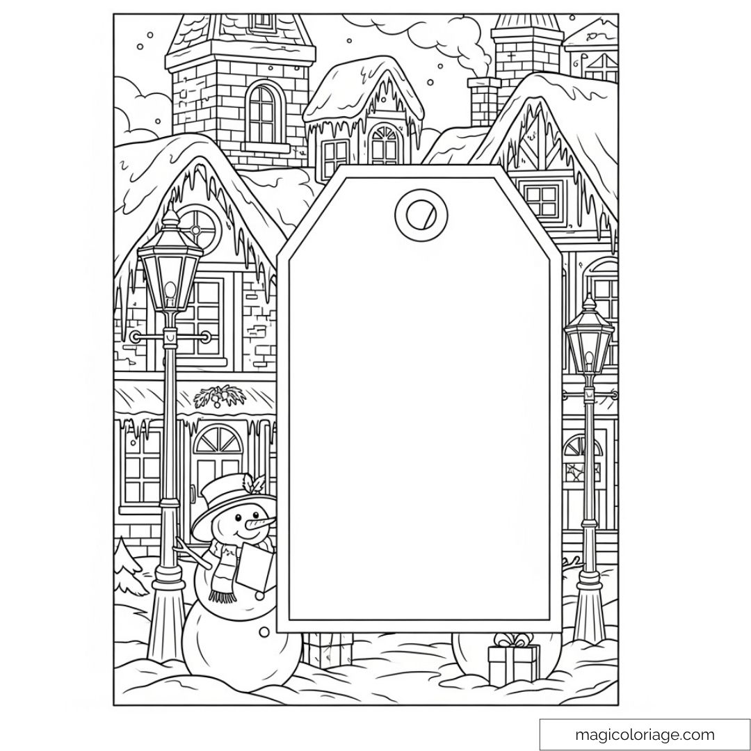 Dessin à colorier carte de Noël avec bonhomme de neige