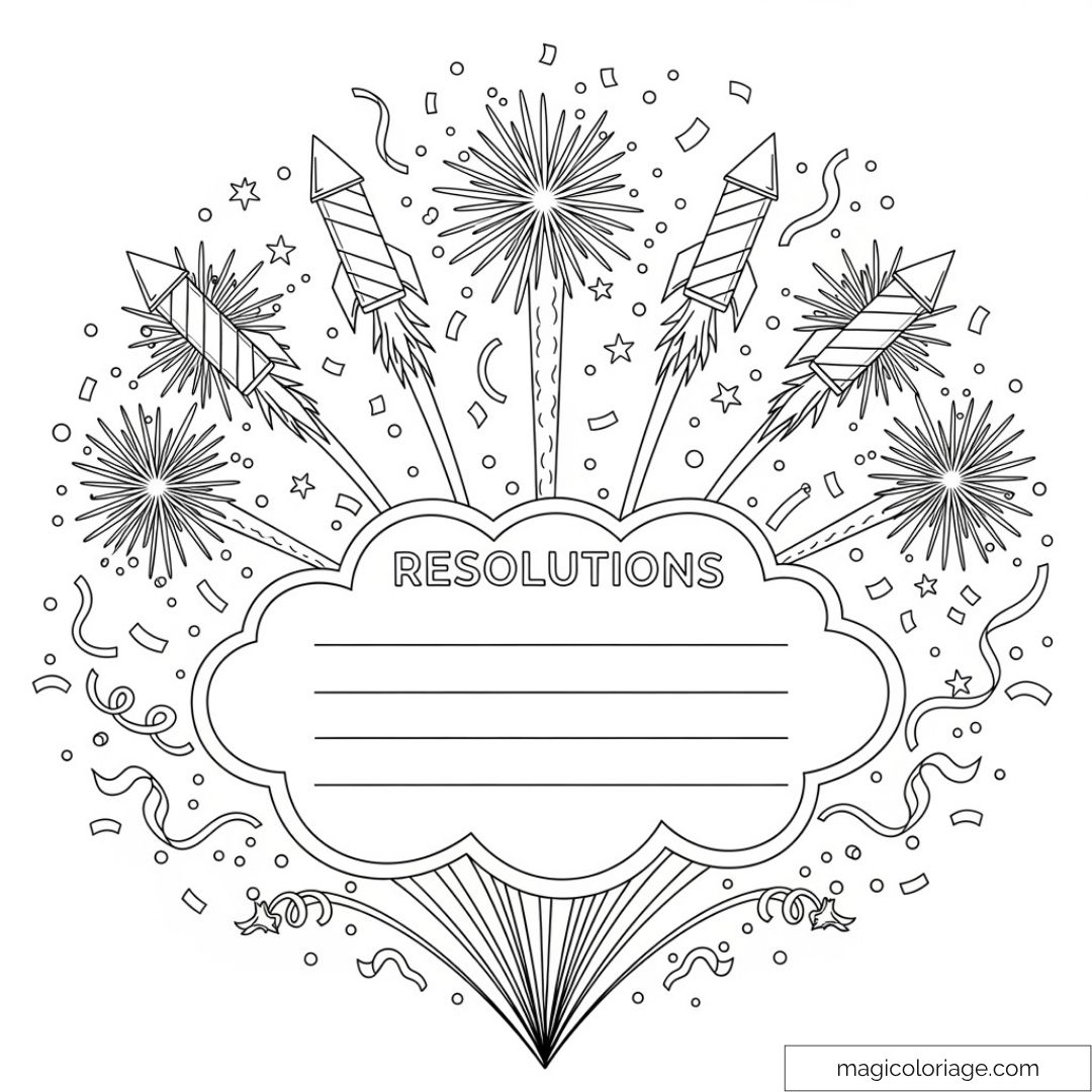 Carte de résolutions à colorier avec feux d'artifice et motifs festifs.