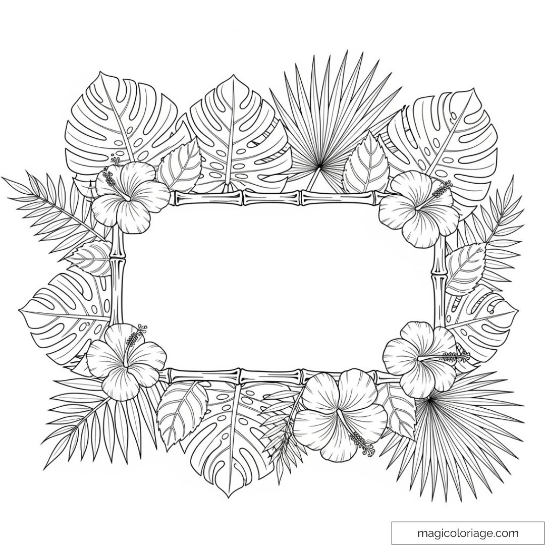Cadre de feuilles tropicales avec fleurs d'hibiscus