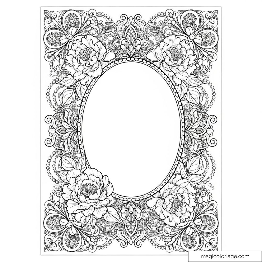 cadre floral détaillé à colorier avec des fleurs et motifs complexes