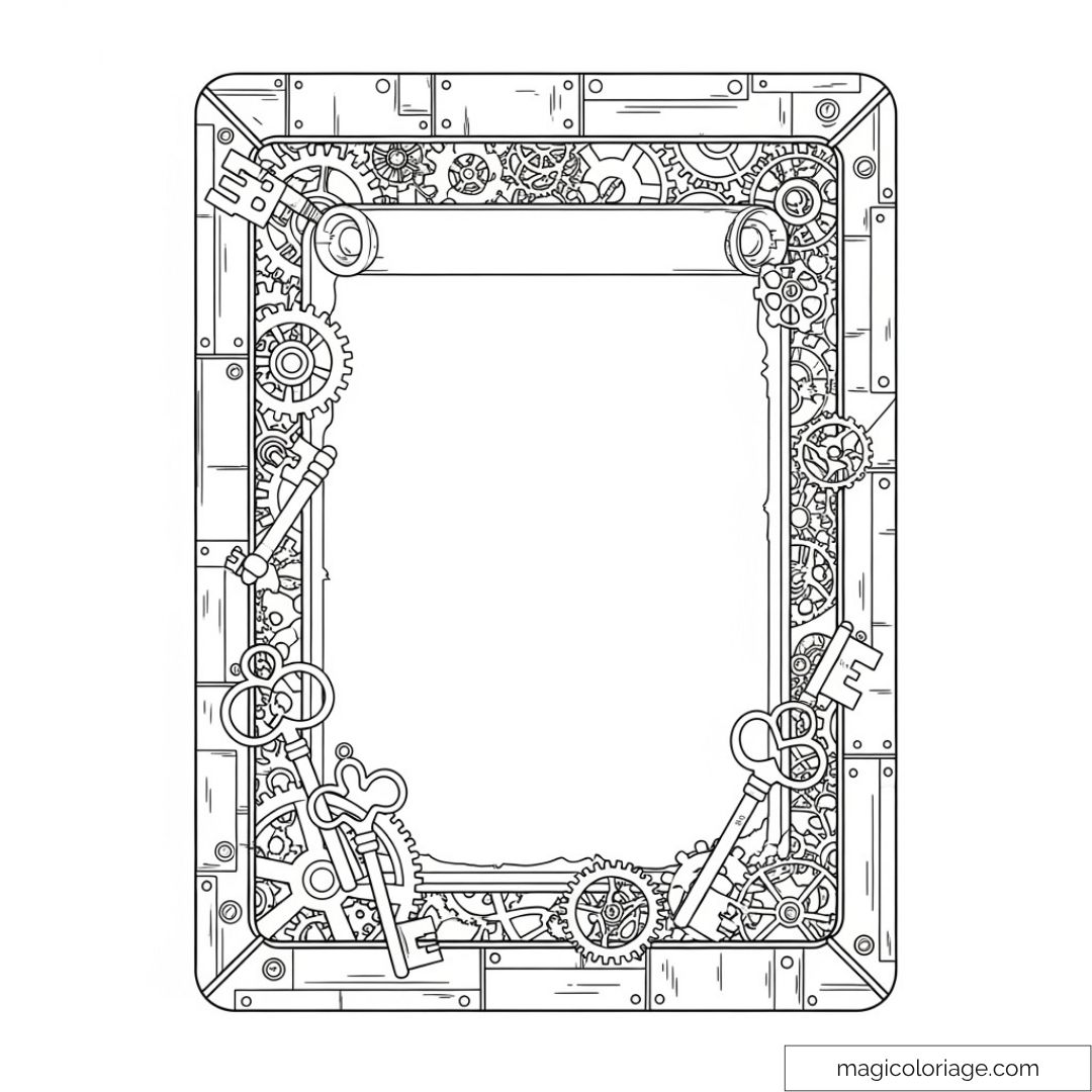 Carte à colorier steampunk avec rouages et clés vintage.