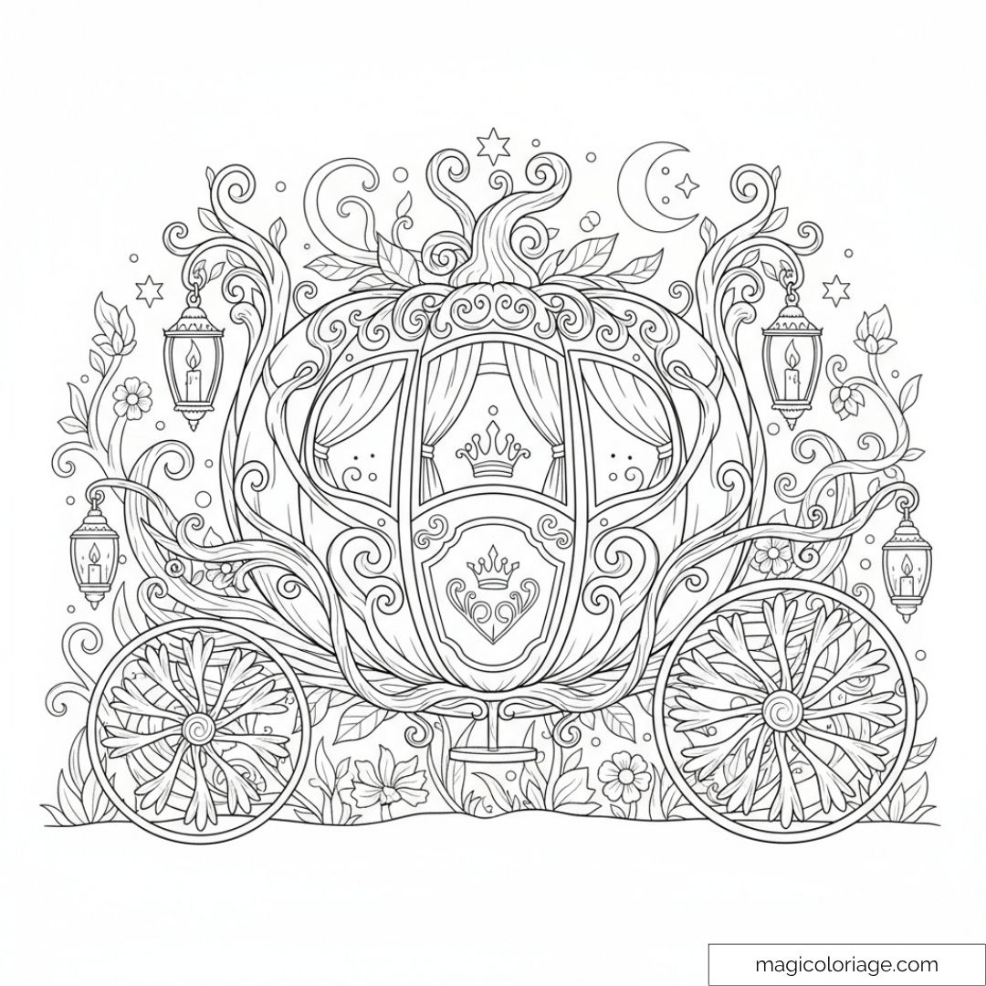 Dessin d'un carrosse féérique avec ornements floraux et lanternes.