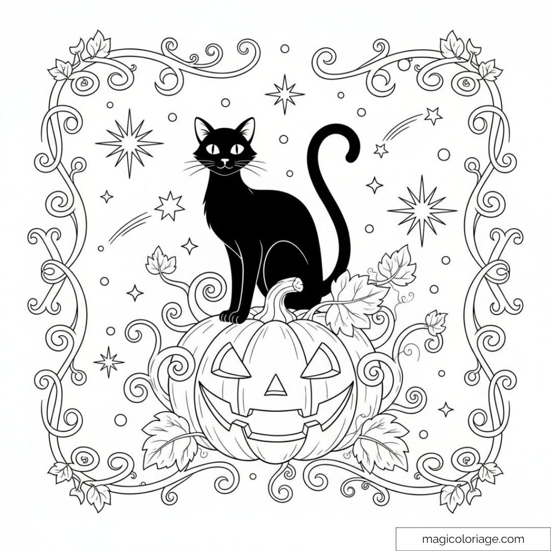 Chat noir pétillant sur citrouille décorée de motifs étoilés.