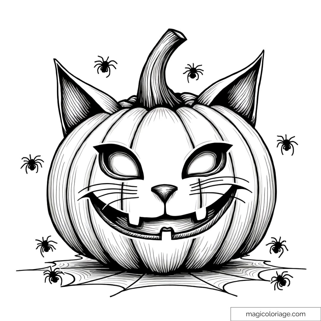 Coloriage d'une citrouille d'Halloween sculptée en forme de tête de chat avec des araignées. Dessin gratuit à imprimer.