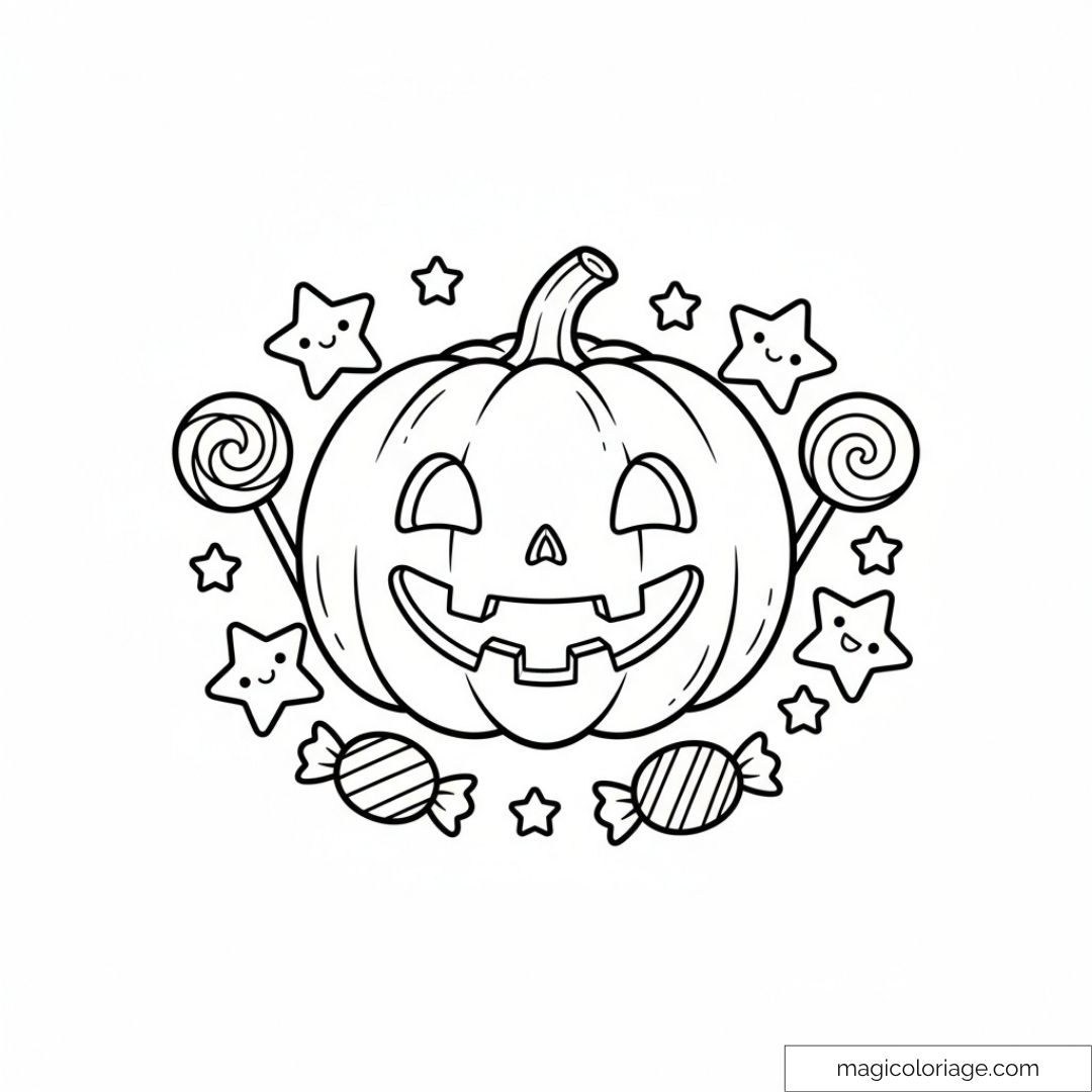 Dessin de citrouille Halloween et bonbons colorié