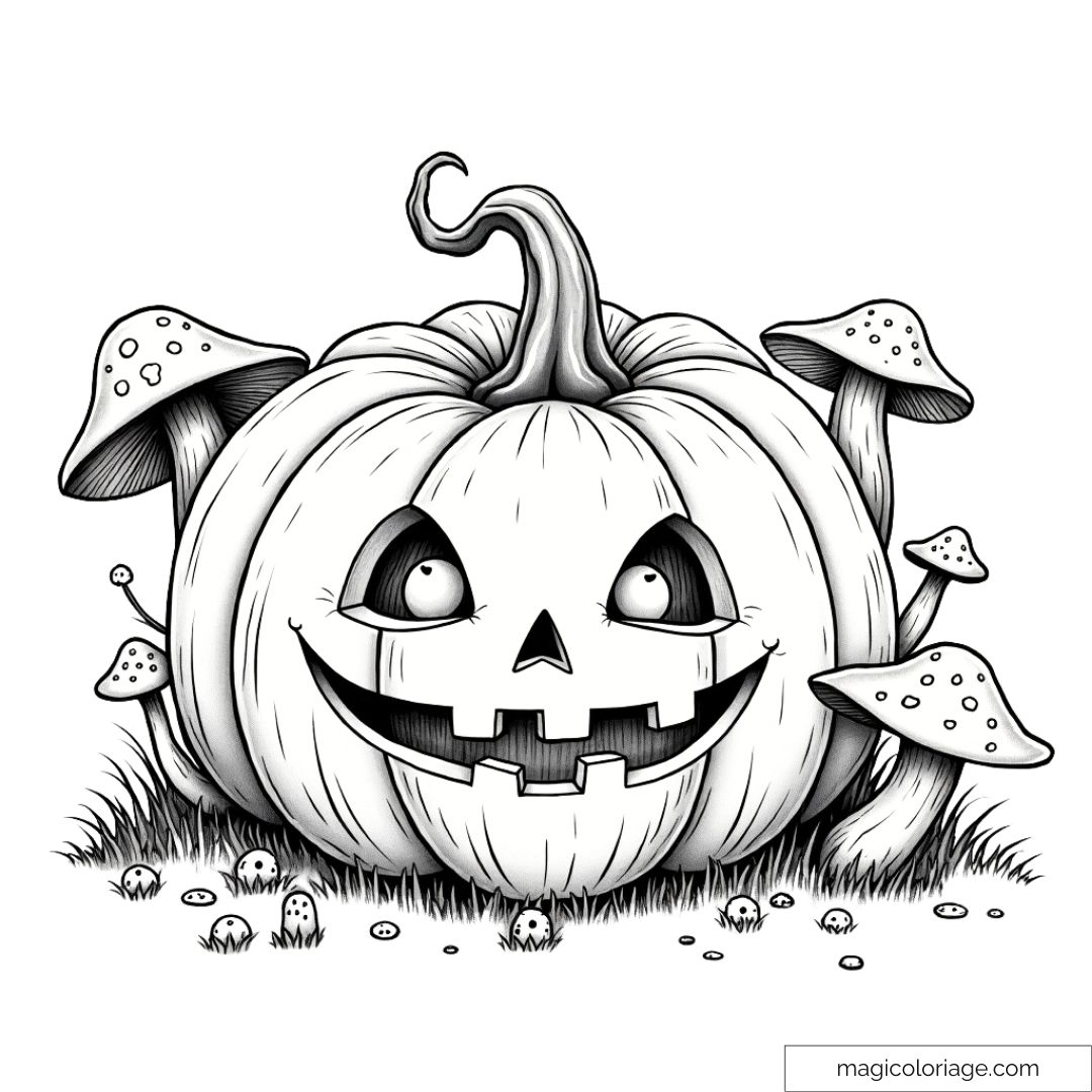 Coloriage d'une citrouille d'Halloween entourée de champignons géants, idéal pour un dessin à imprimer gratuitement.