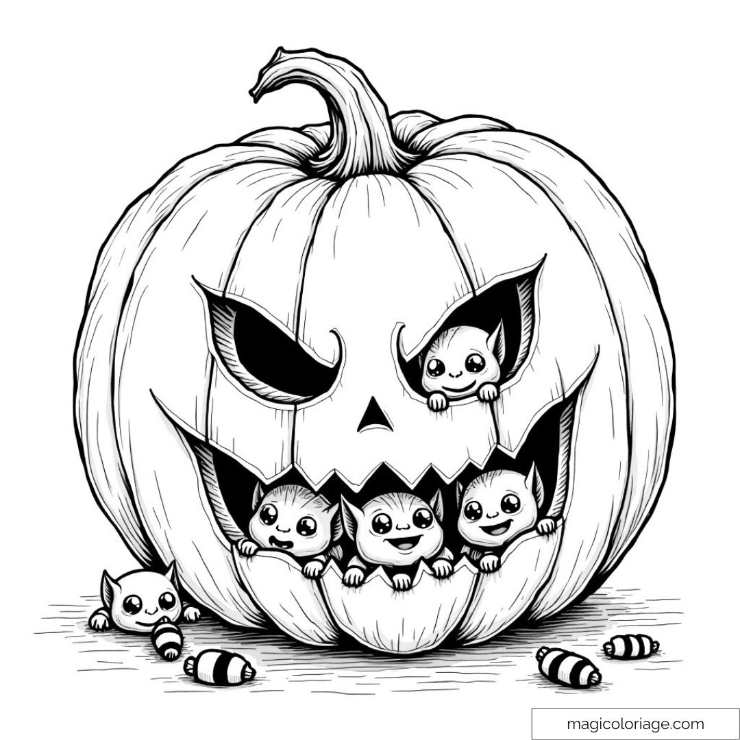 Coloriage d'une citrouille d'Halloween avec des petits monstres rigolos jouant à l'intérieur, parfait pour les enfants. Dessin à imprimer gratuitement.