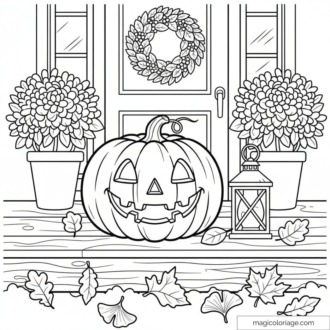 Dessin de citrouille d'Halloween sur un perron avec feuilles.
