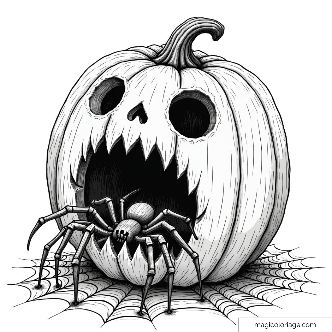Coloriage d'une citrouille d'Halloween qui fait peur avec une grande araignée et sa toile. Dessin effrayant à imprimer gratuitement.