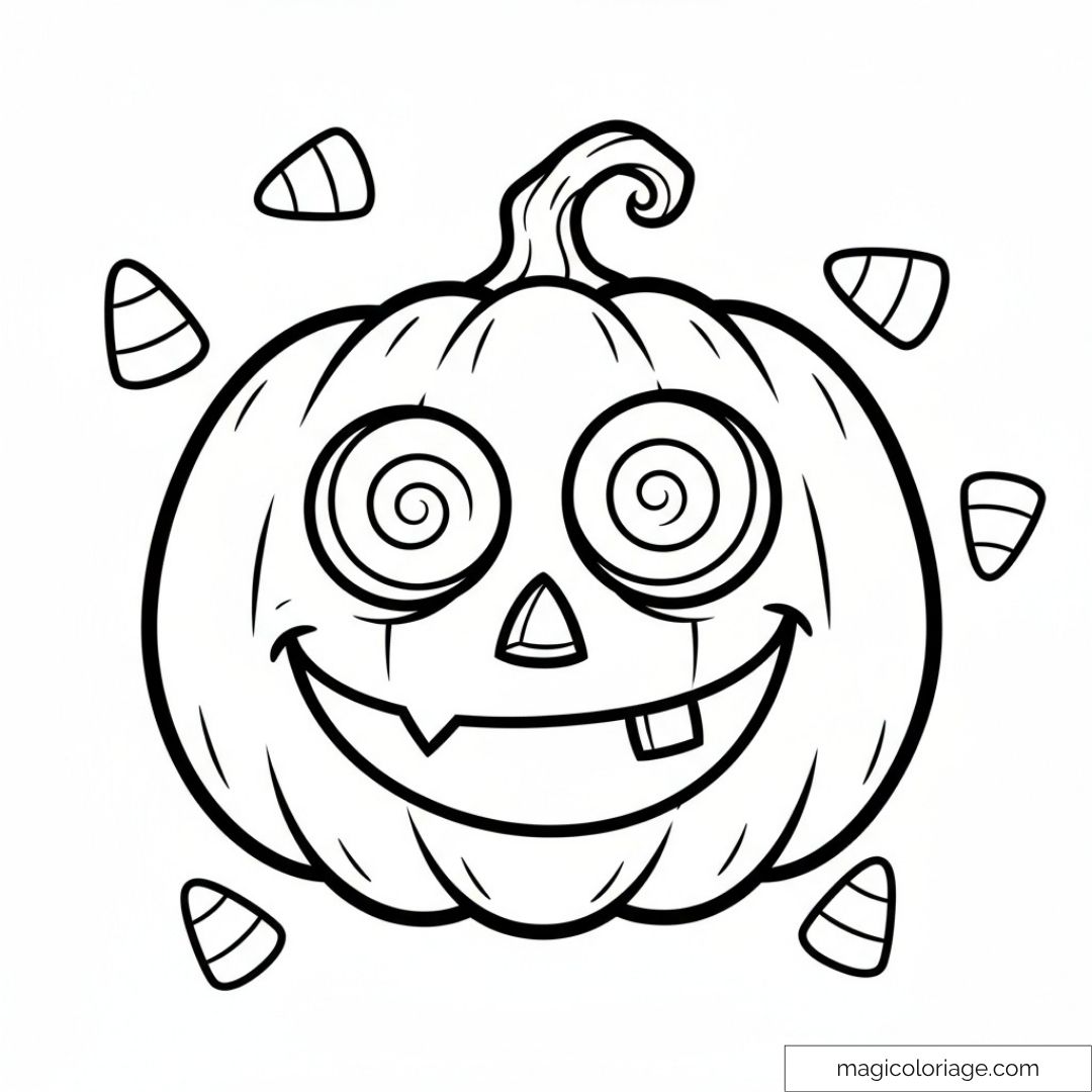 Dessin de citrouille rigolote avec yeux spirales et bonbons