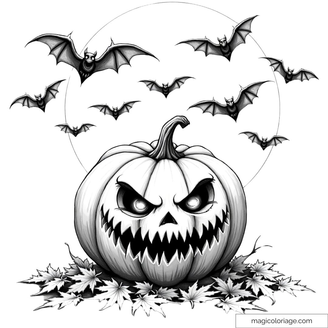 Dessin à colorier d'une citrouille d'Halloween avec un visage menaçant et des chauves-souris volantes autour du clair de lune. Coloriage d'Halloween à imprimer.