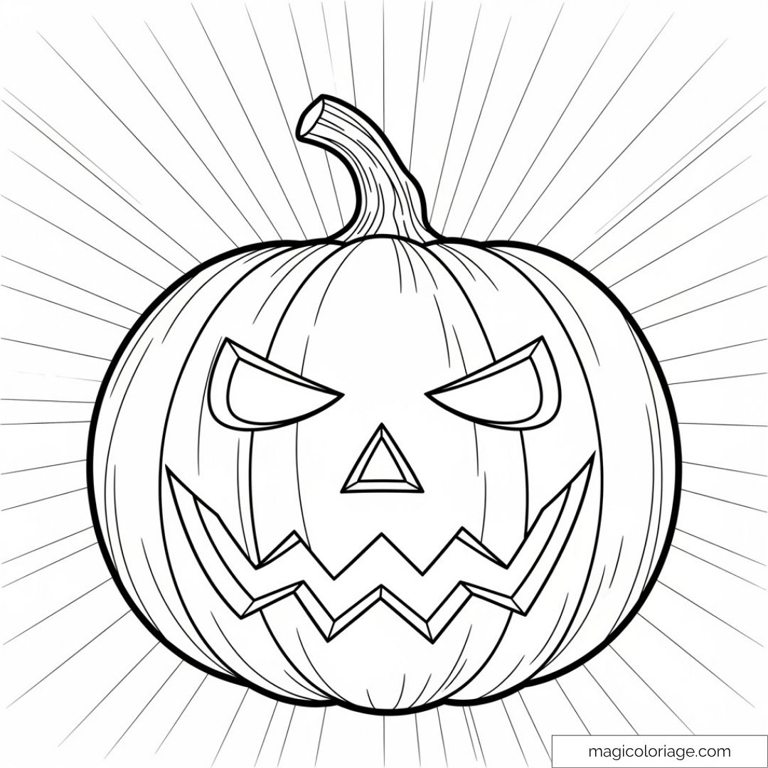 Coloriage citrouille d'Halloween avec visage menaçant et rayons.