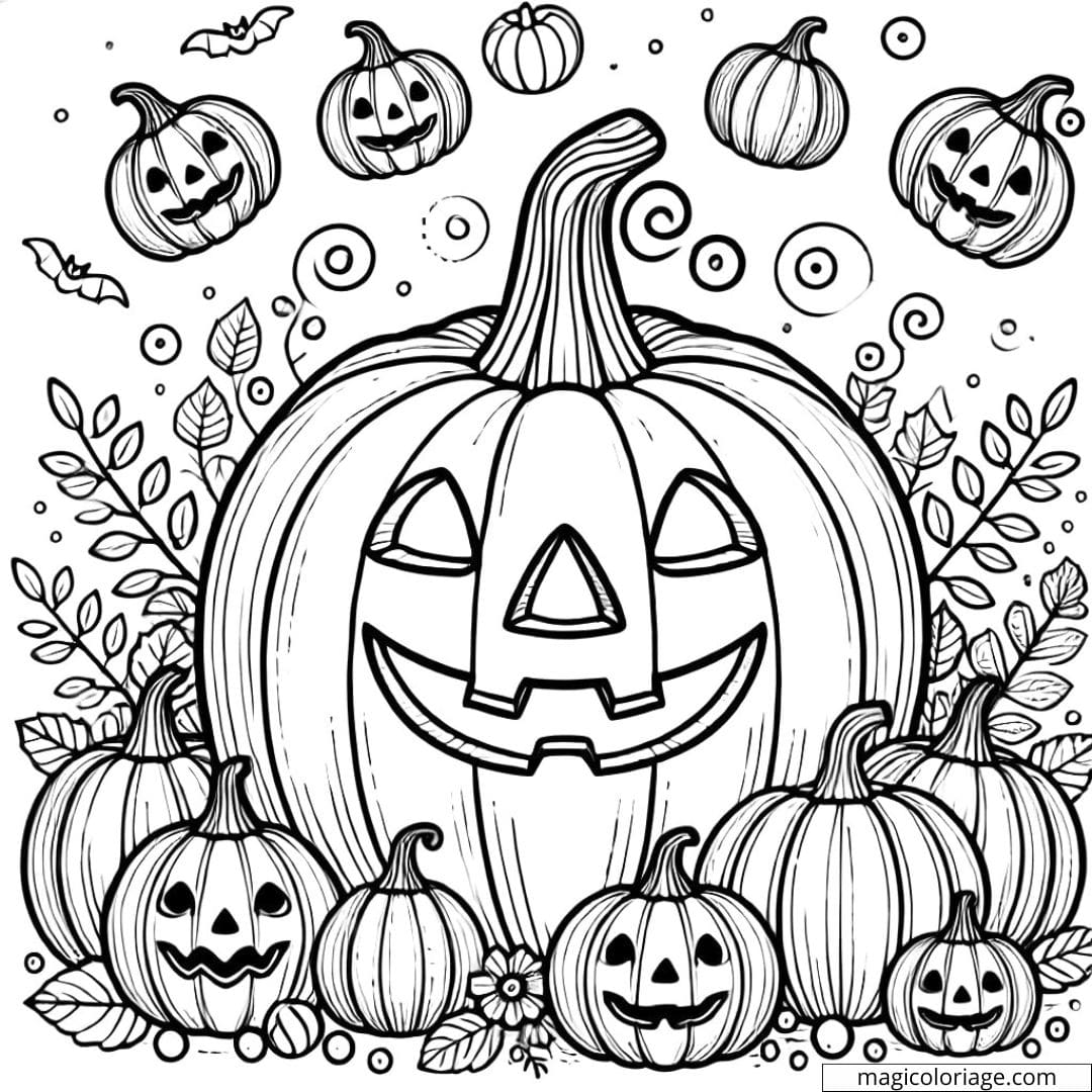 Dessin à colorier de citrouille Halloween avec des petites citrouilles, coloriage à imprimer pour enfants