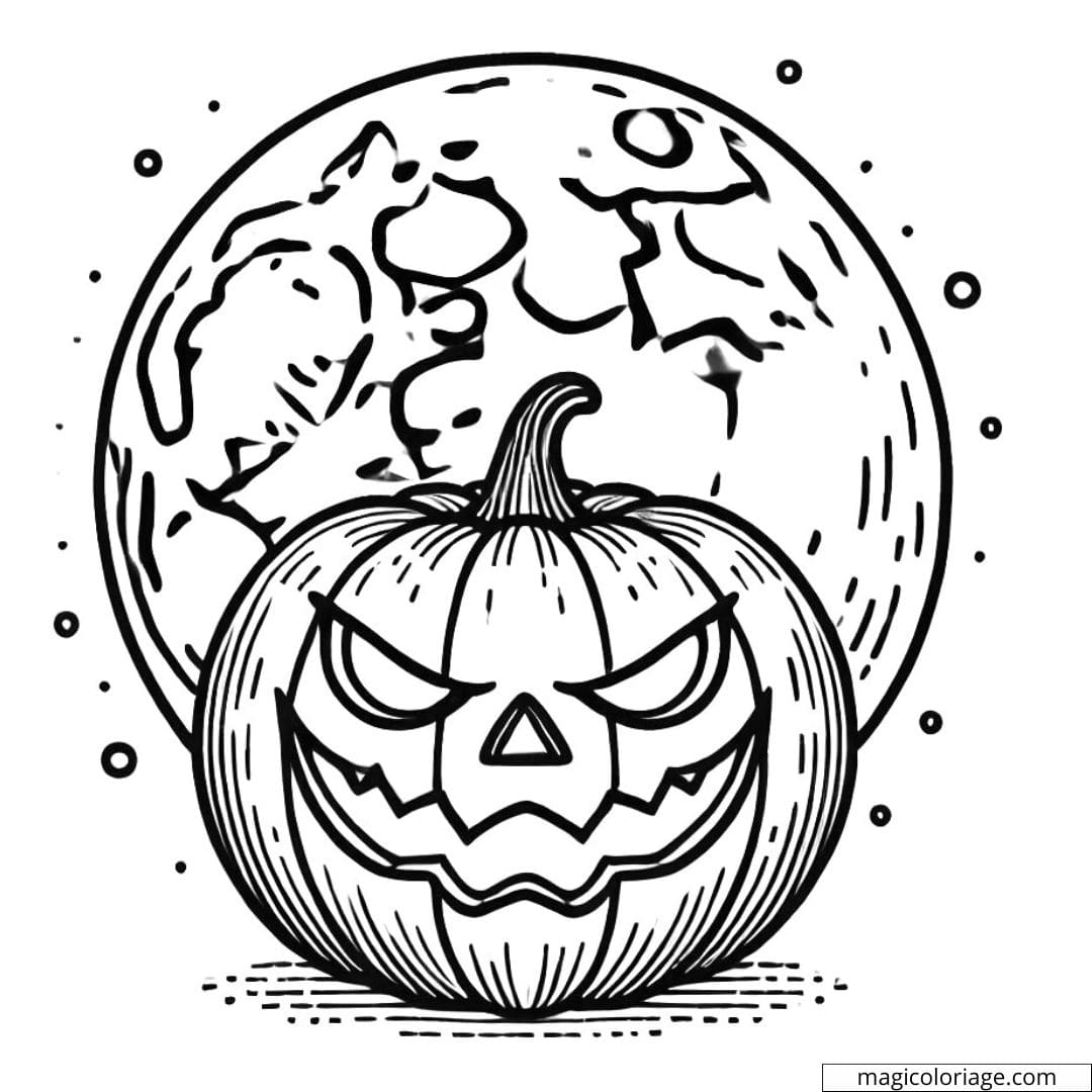 Coloriage de citrouille Halloween avec la pleine lune, dessin à colorier pour enfants