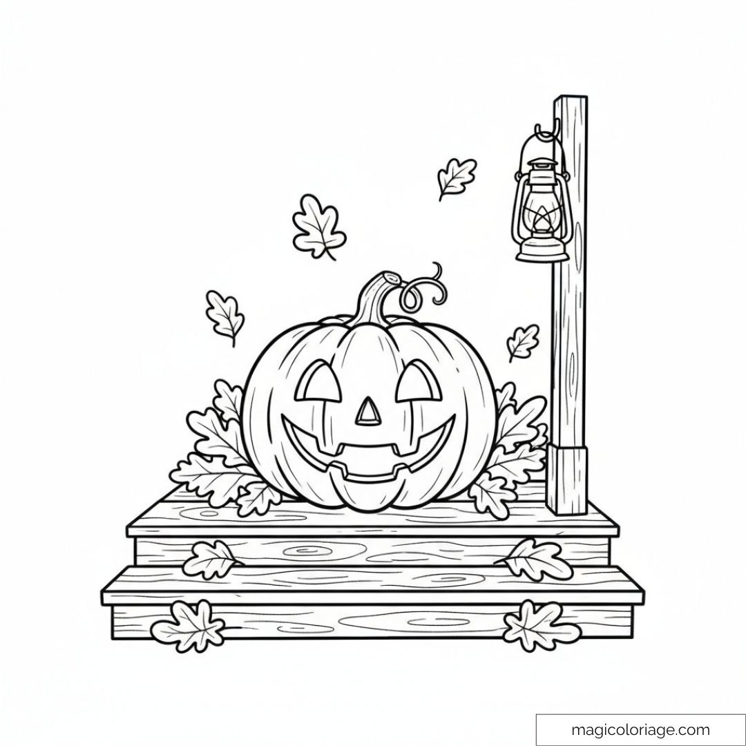 Dessin de citrouille souriante avec lanterne et feuilles d'automne.