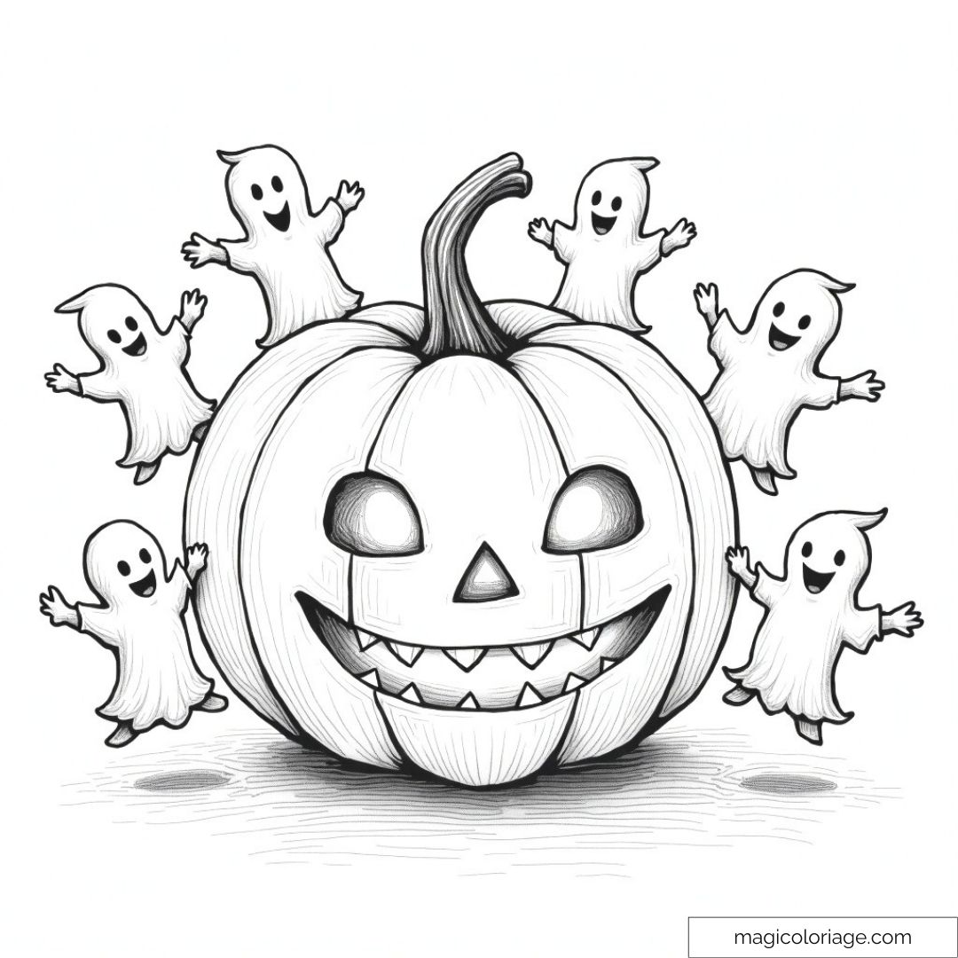 Coloriage d'une citrouille d'Halloween entourée de petits fantômes souriants, à imprimer gratuitement.