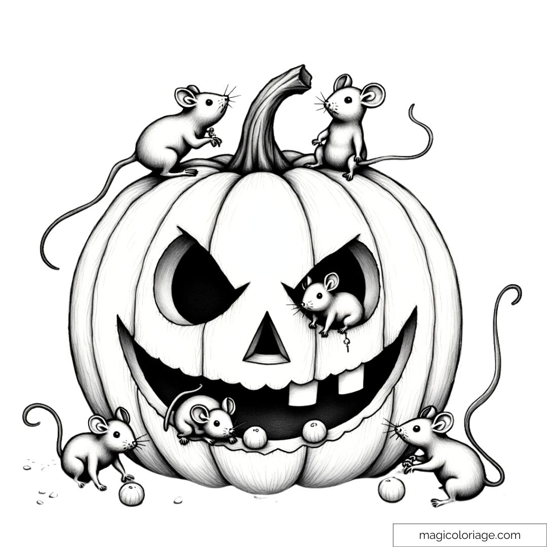 Coloriage d'une citrouille d'Halloween avec des souris à imprimer gratuitement.