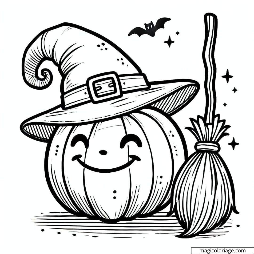 Coloriage de citrouille Halloween avec un grand chapeau et un balai, dessin à colorier pour enfants