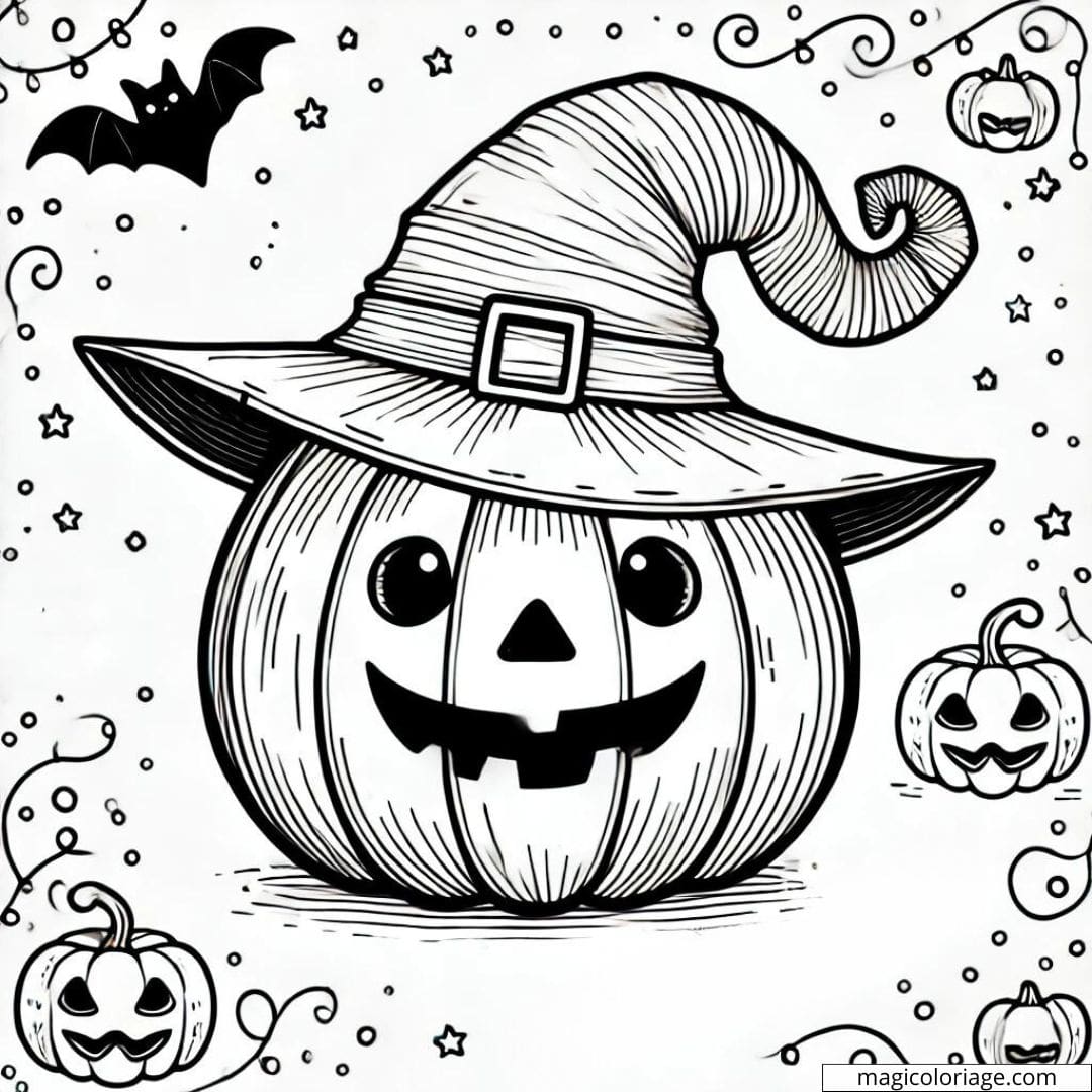 Coloriage de citrouille Halloween avec un chapeau de sorcière à imprimer, dessin à colorier pour enfants