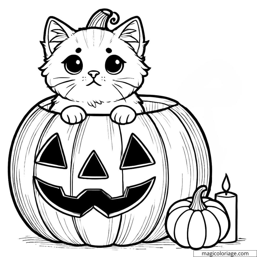 Dessin à colorier de citrouille Halloween avec un chat, coloriage à imprimer pour enfants