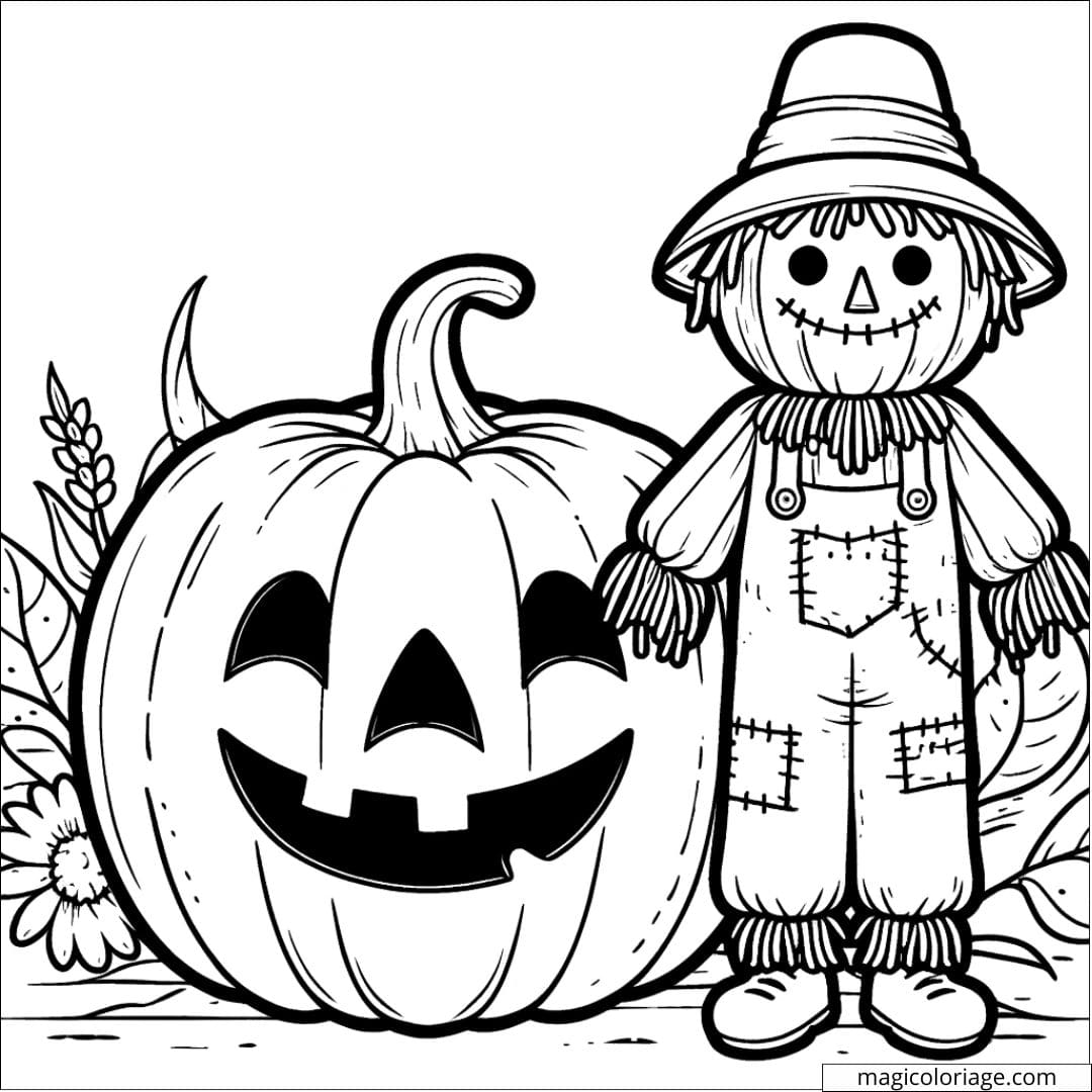 Coloriage de citrouille Halloween avec un épouvantail amical à imprimer, dessin à colorier pour enfants