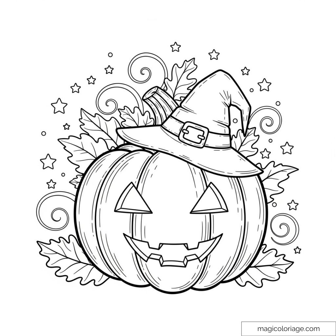 Dessin citrouille Halloween avec feuilles et étoiles