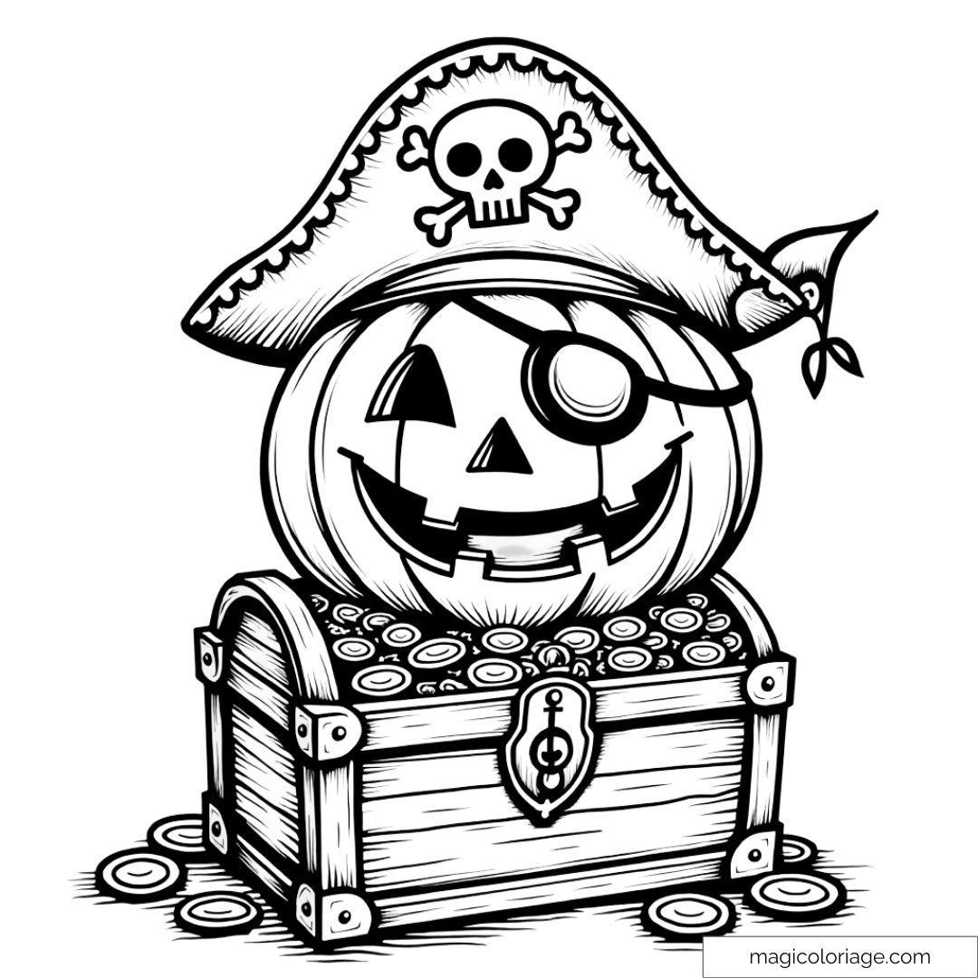 Coloriage d'une citrouille déguisée en pirate avec un chapeau, un cache-œil et un coffre au trésor. Dessin d'Halloween à imprimer gratuitement.