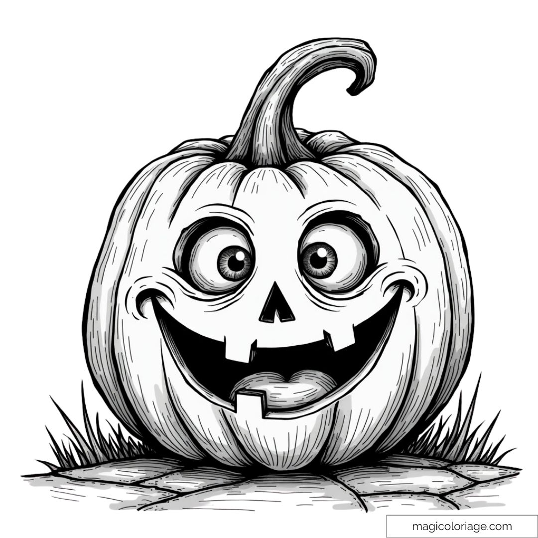 Coloriage d'une citrouille d'Halloween avec un visage rigolo et des yeux écarquillés, idéal pour un dessin à imprimer.