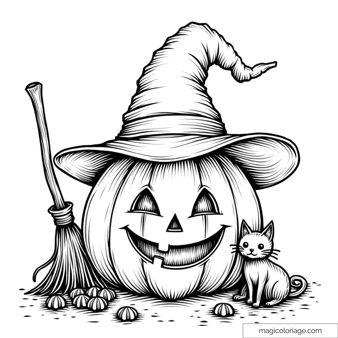Coloriage d'une citrouille déguisée en sorcière avec un chapeau, un balai et un chat noir. Dessin d'Halloween à imprimer gratuitement.