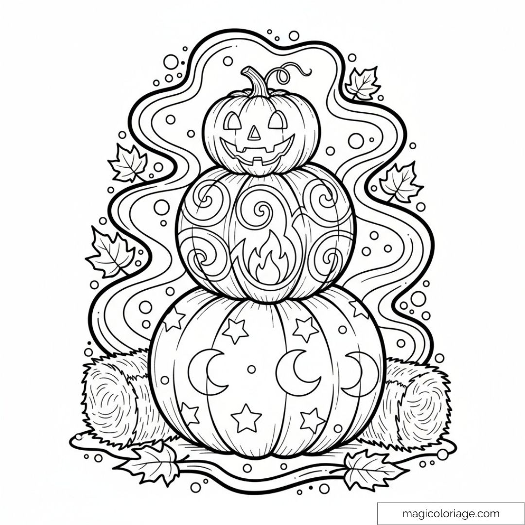 Illustration de trois citrouilles empilées décorées de motifs magiques et feuilles d’automne.