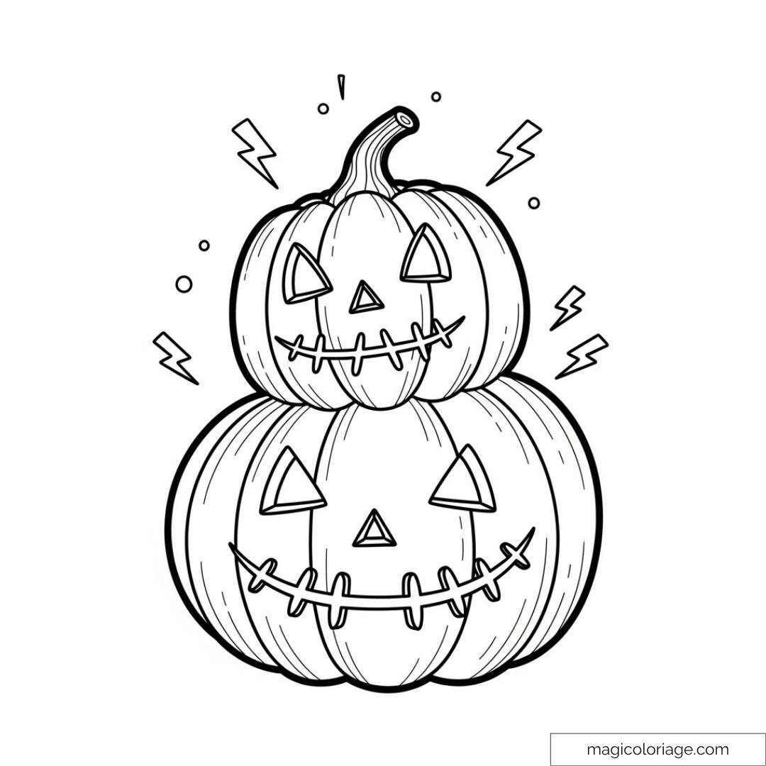Dessin en noir et blanc de deux citrouilles empilées avec expressions effrayantes.