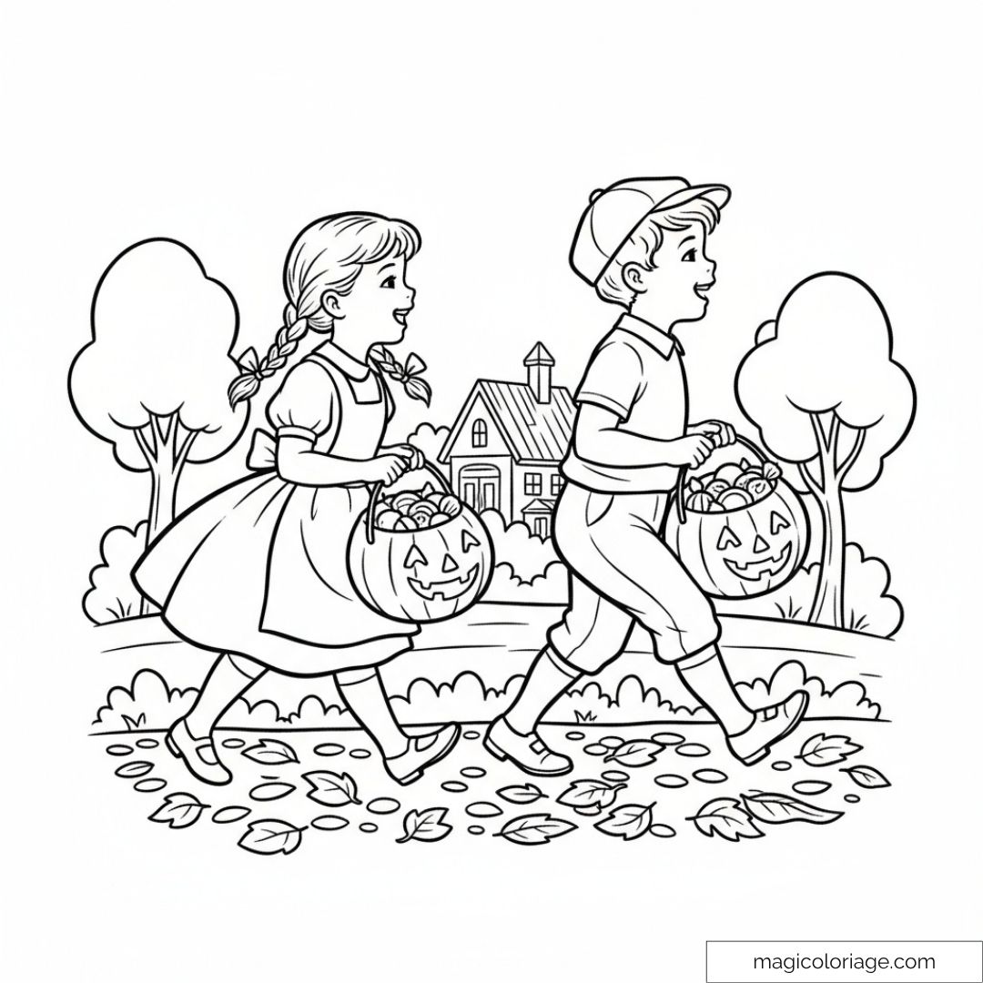 Deux enfants portant des paniers citrouilles