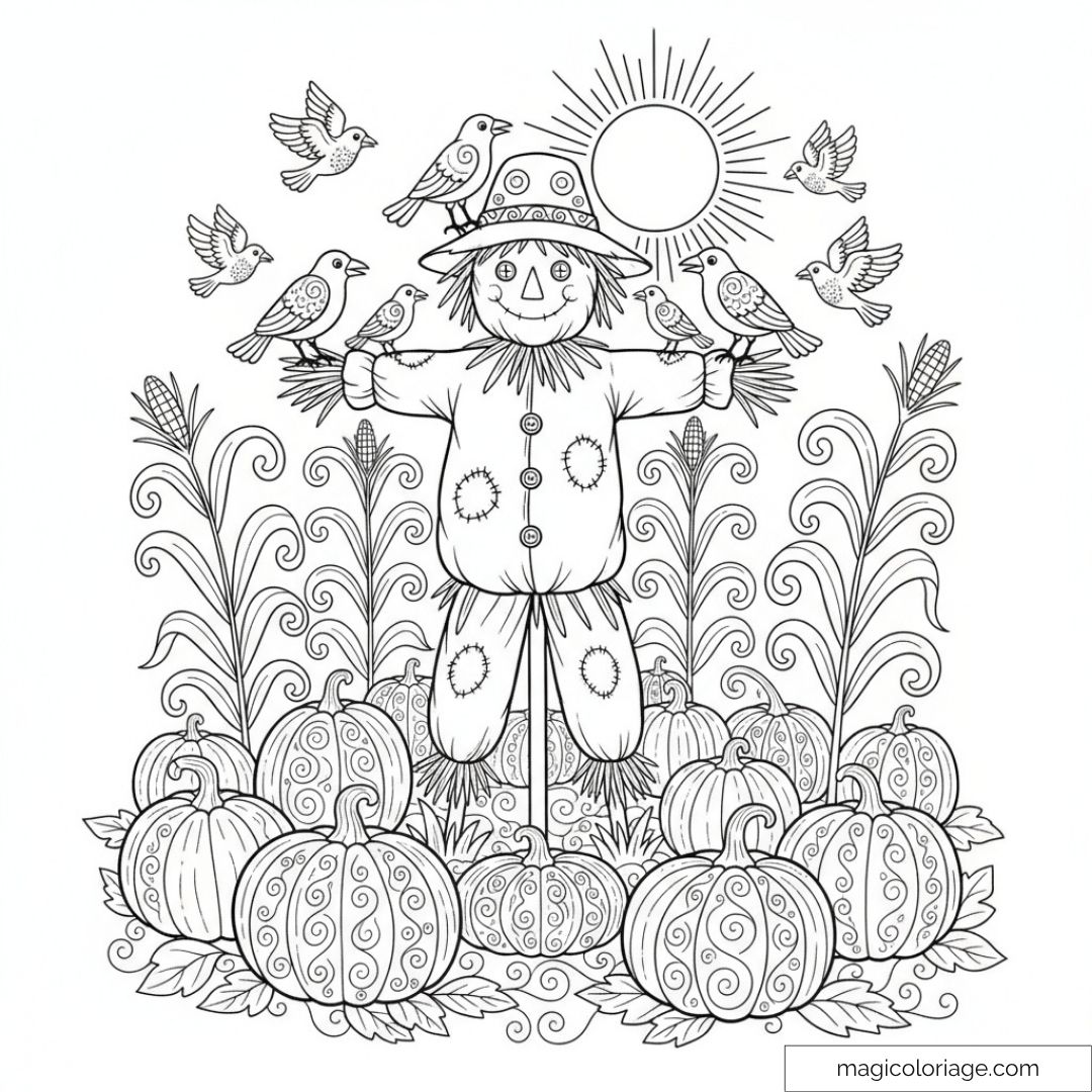 Coloriage d'épouvantail avec citrouilles et oiseaux.
