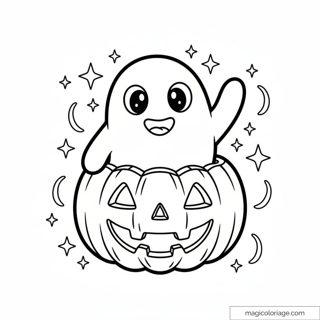 Dessin fantôme mignon dans citrouille Halloween avec étoiles