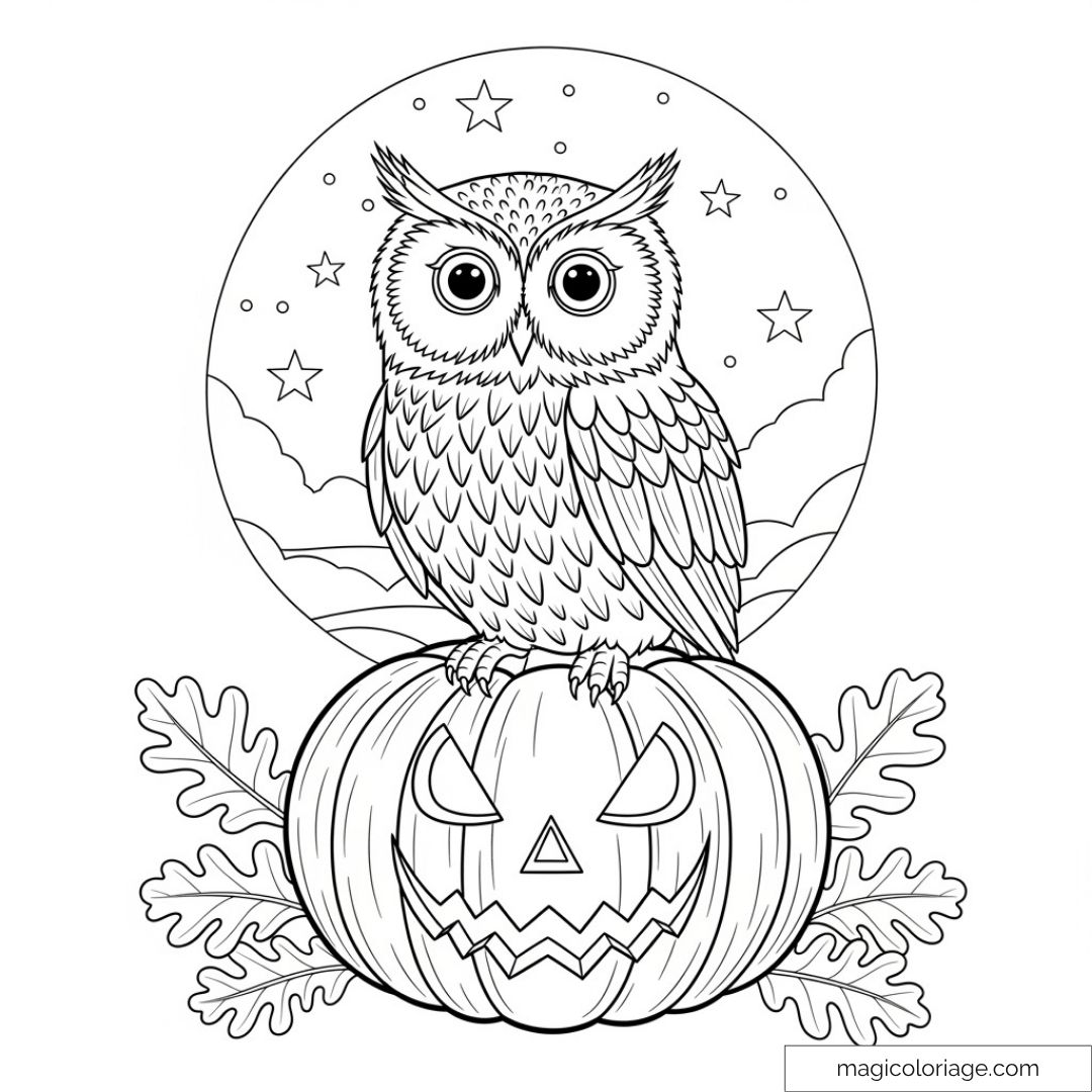 Hibou sur citrouille d'Halloween sous ciel étoilé
