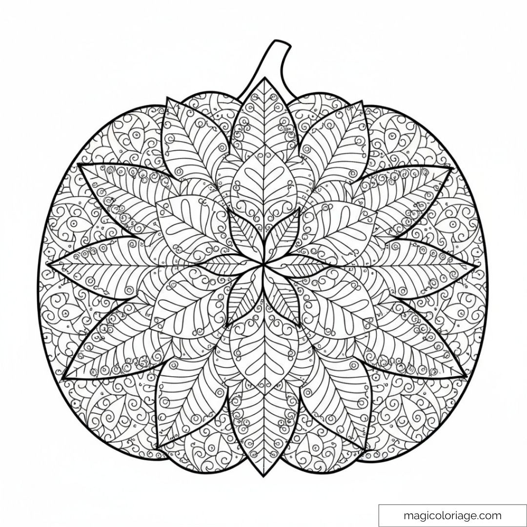 Dessin de mandala en forme de citrouille avec motifs complexes.