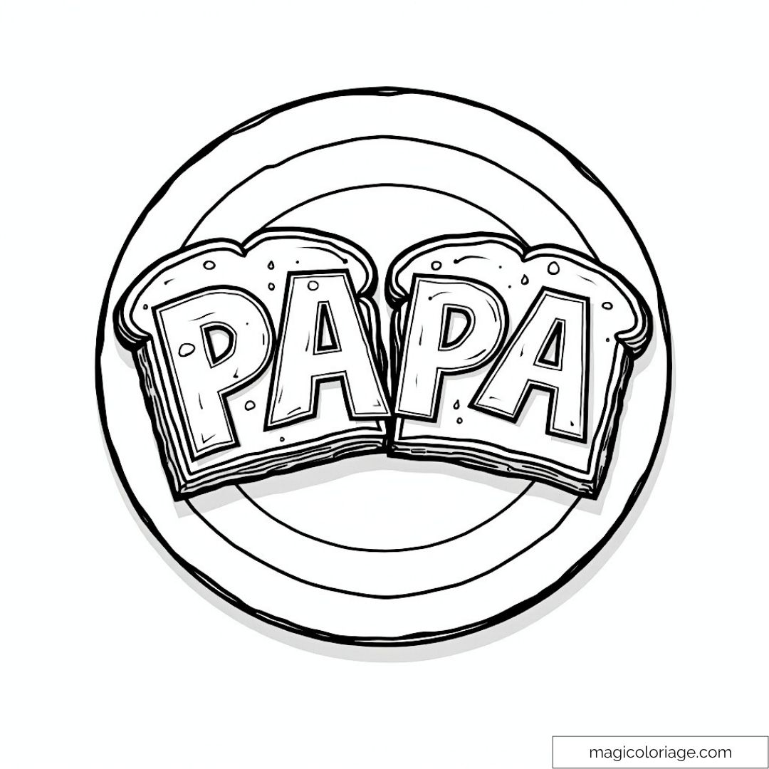 Image à colorier de tranches de pain avec le mot "Papa" sur une assiette.
