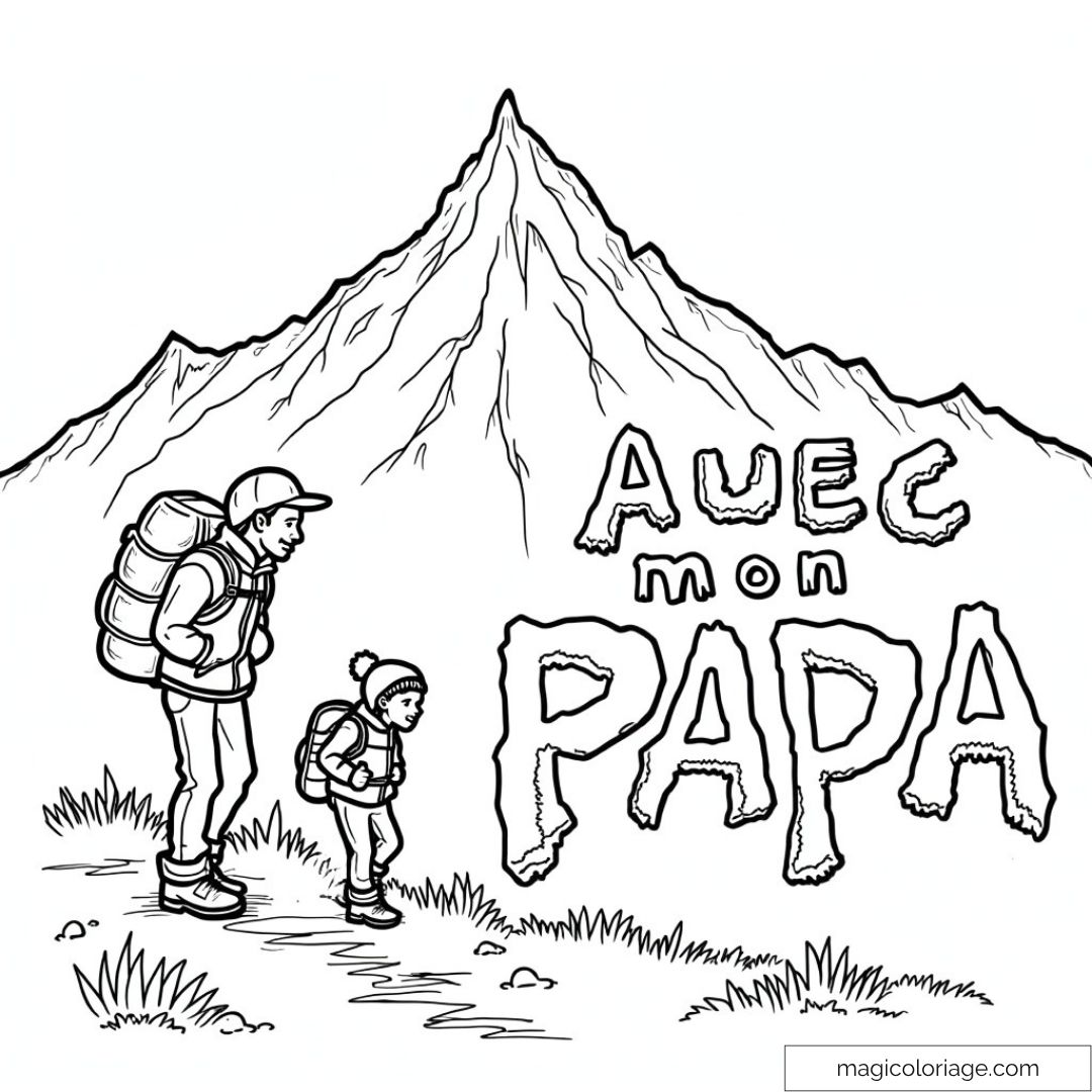 Dessin à colorier randonnée en montagne avec papa et enfant