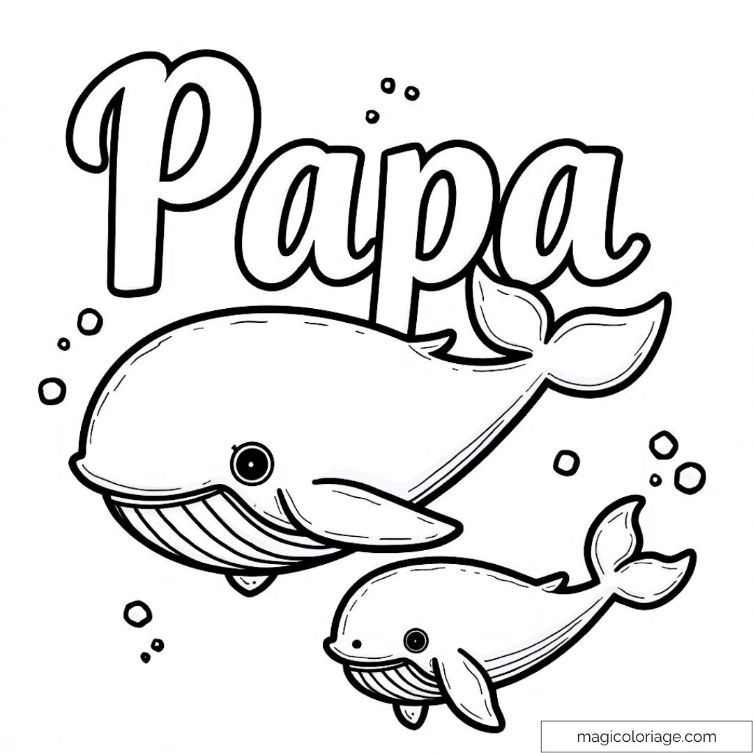 Dessin à colorier de deux baleines avec texte "Papa" et bulles.