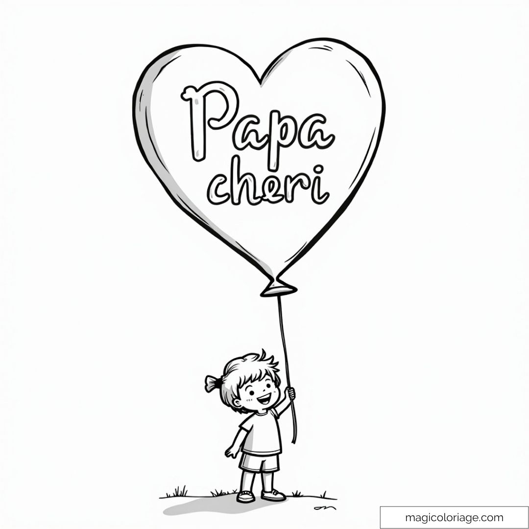 Dessin de ballon cœur avec texte "Papa chéri" tenu par un enfant