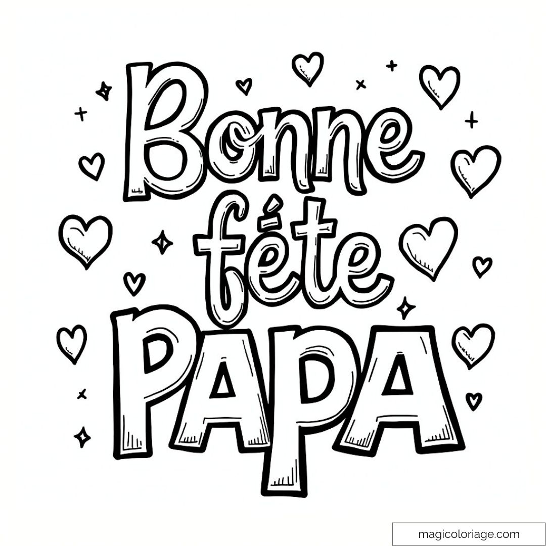 Dessin à colorier "Bonne Fête Papa" avec cœurs pour un cadeau unique