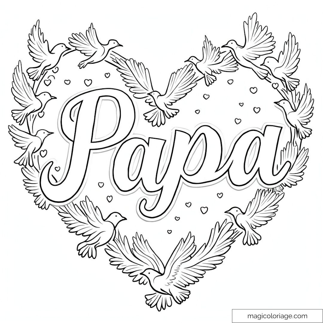 Cœur avec colombes entourant "Papa"