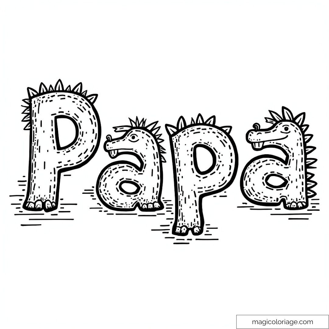 Illustration "Papa" avec lettres en forme de créatures fantastiques.