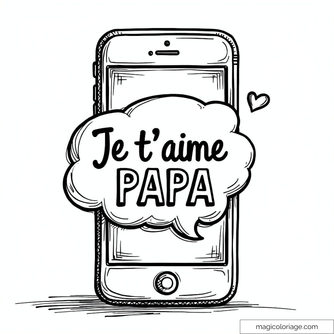 Dessin téléphone avec bulles "Je t'aime Papa" à colorier.