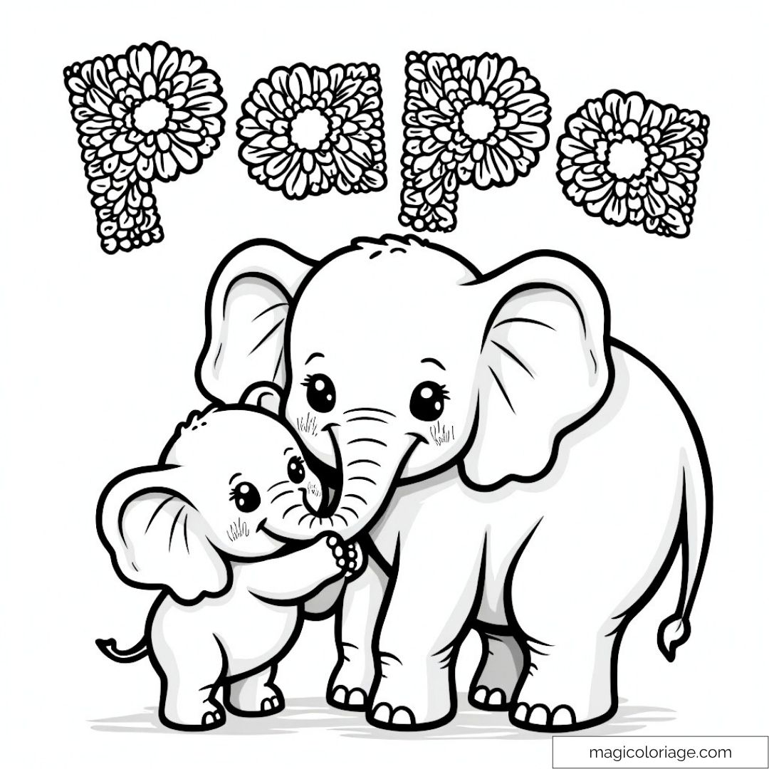 Deux éléphants mignons avec le mot "Papa" en fleurs