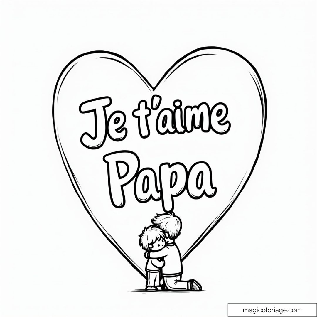 Dessin de cœur avec texte Je t'aime Papa et enfants s'embrassant
