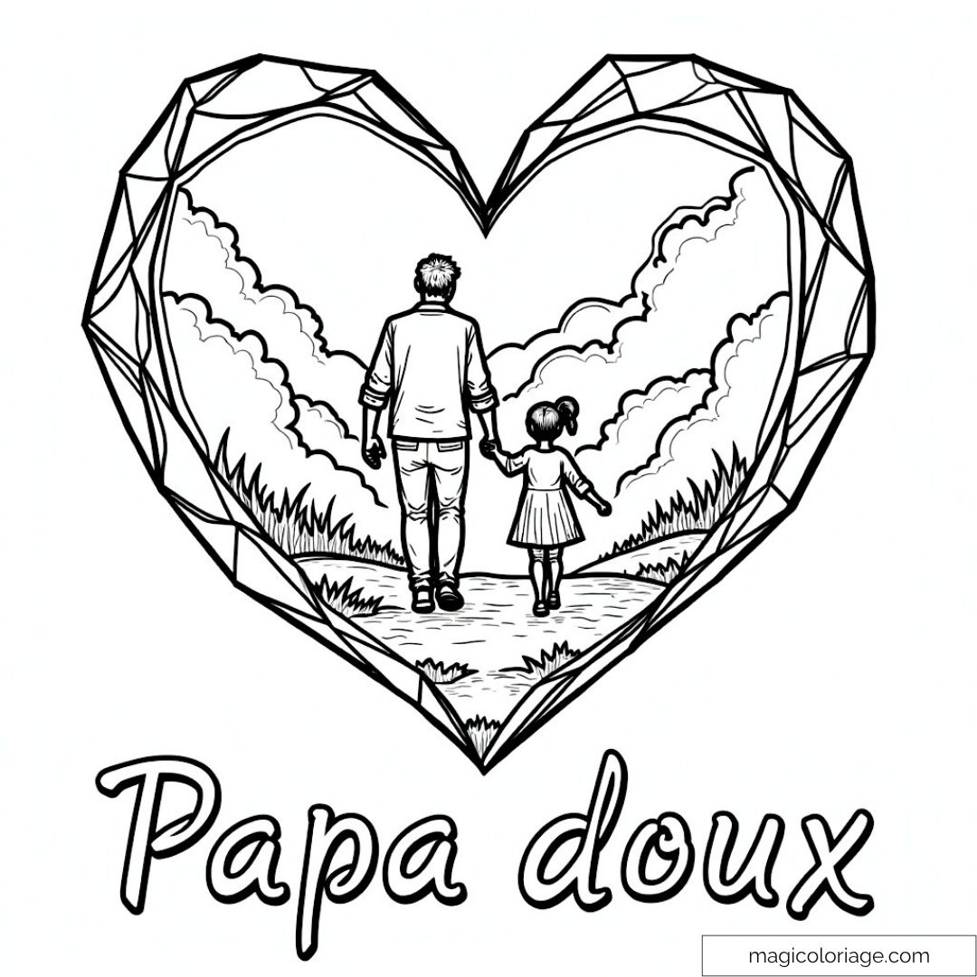 Père tenant la main de sa fille au centre d’un cœur encadré.