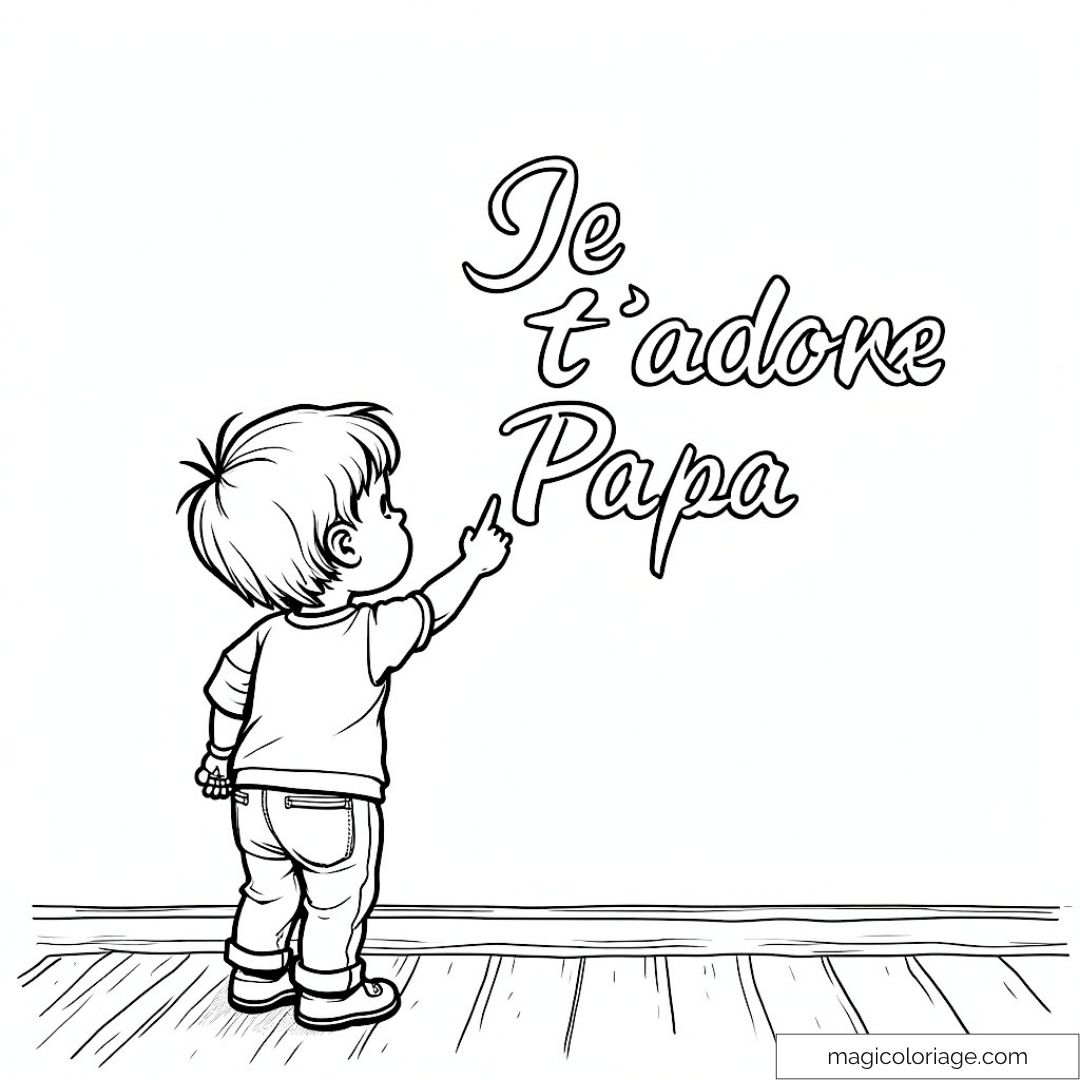 Enfant pointant vers "Je t'adore Papa" avec amour à colorier.